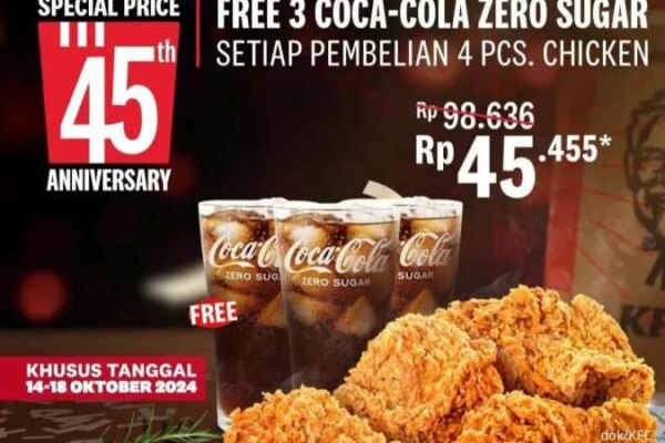 Promo KFC HUT ke-45 Edisi 14-18 Oktober 2024, Gratis 4 Ayam 3 Cola Rp 45.455