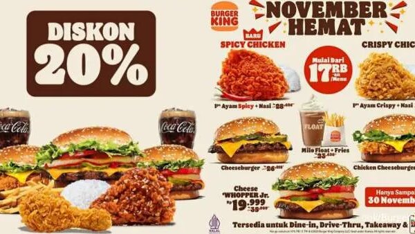 2 Promo Burger King November 2024, Menu Serba Rp 17.000 & Diskon 20% via BCA